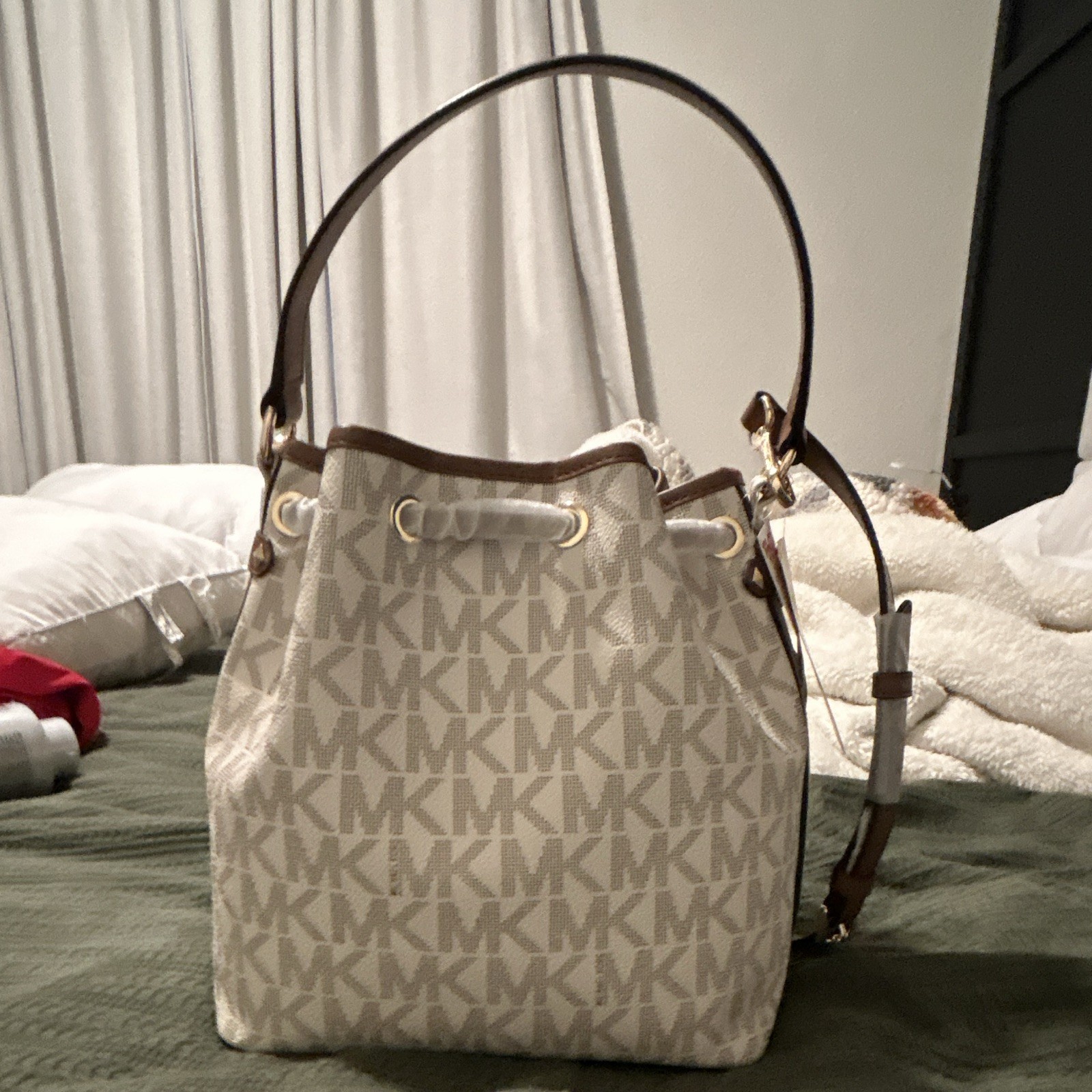 Michael Kors Monogram Bucket Drawstring Shoulder Bag Beige Brown Gold Hardware