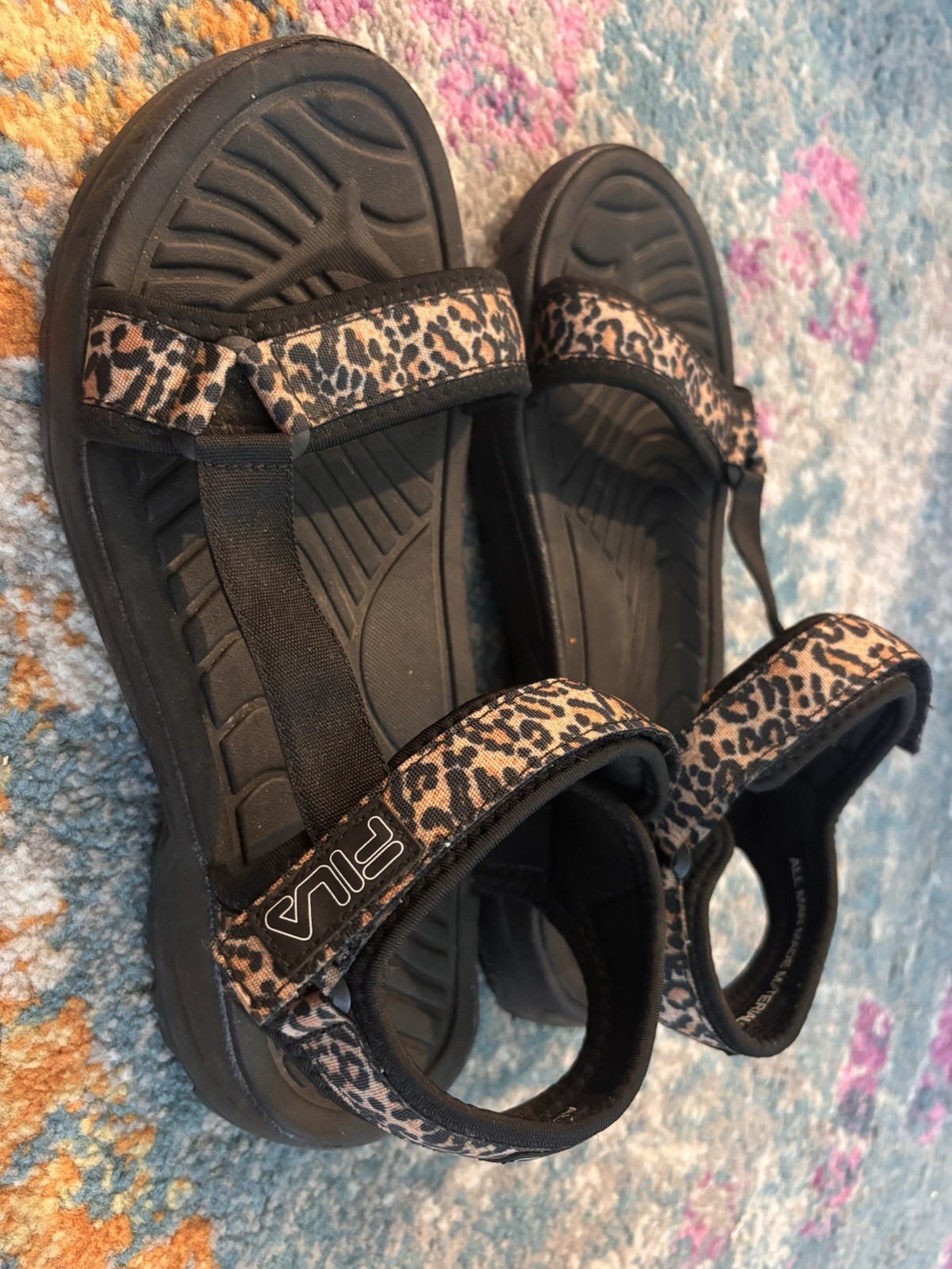 FILA Unisex Kids US 9 Black Leopard Strappy Sandals Adjustable Hook & Loop