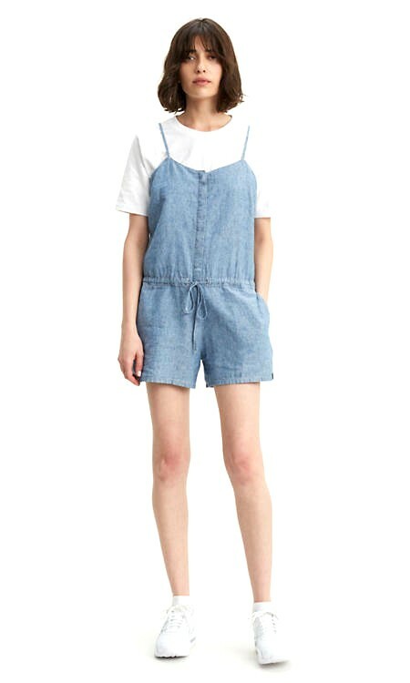 Levis Womens Amber Stonewash Blue Chambray Cotton Denim Romper Shorts Size Large