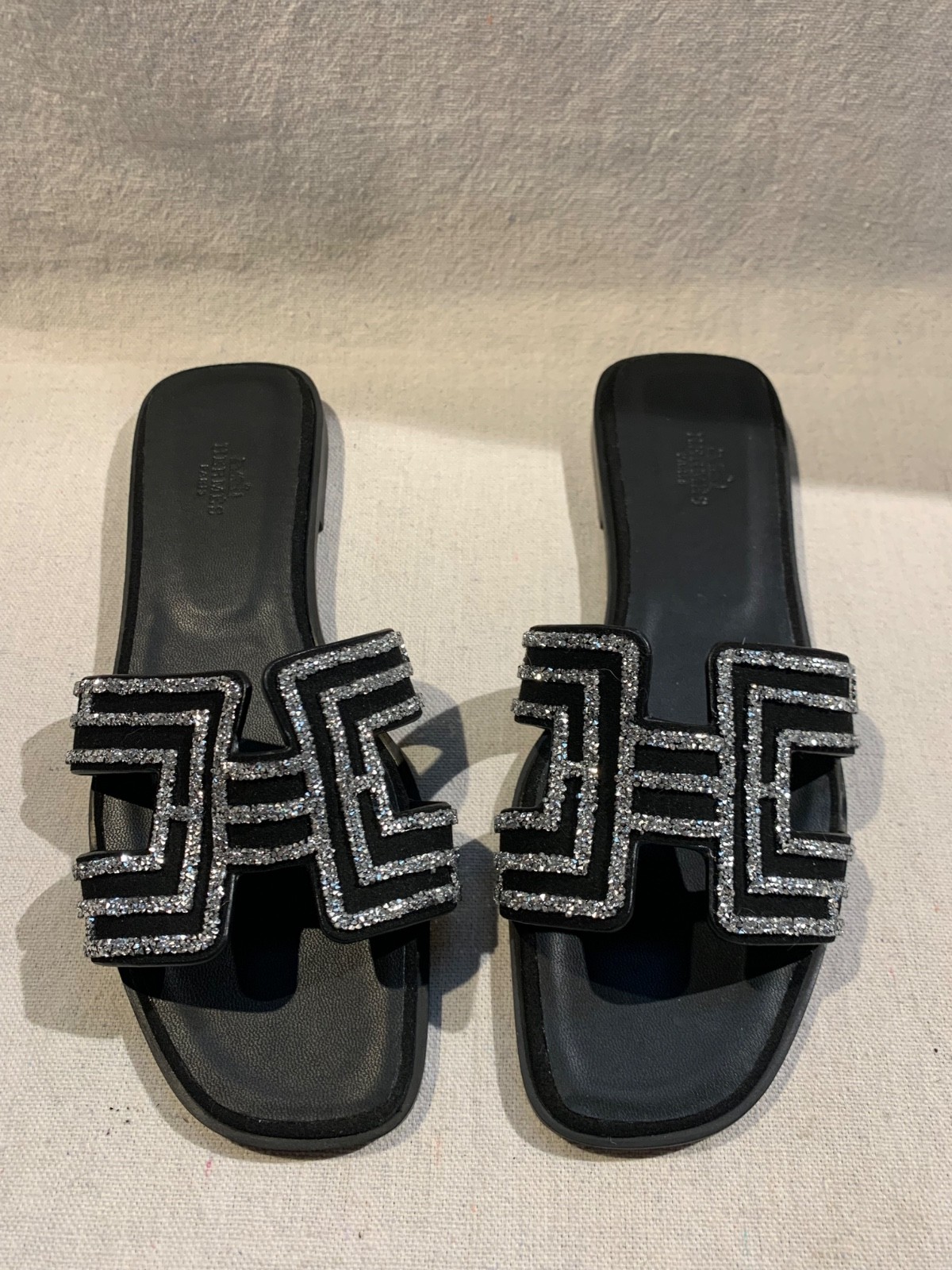 HERMES Black Oran Sandals Crystals Jeweled Rhinestones Rare Limited Edition EU38