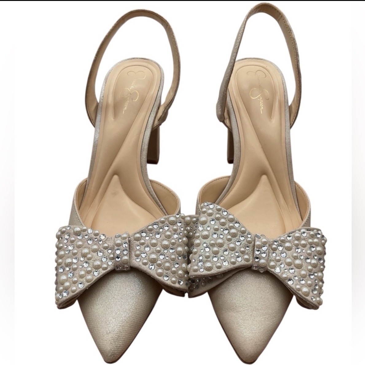 Jessica Simpson Champagne Pearl Rhinestone Bow Slingback Block Heel Pumps 8M 39