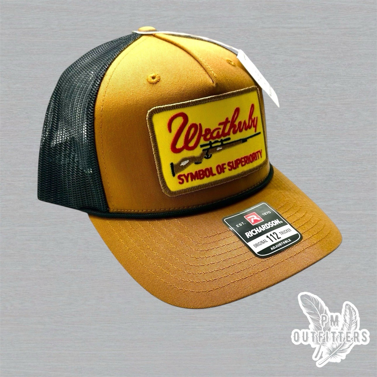 Retro Weatherby Firearms Embroidered Patch on Richardson 112 Rope Trucker Hat
