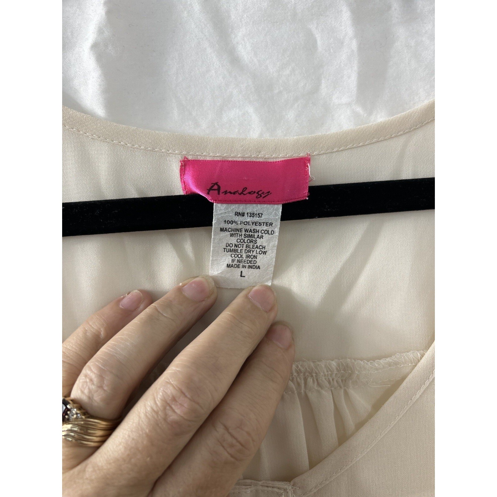 Analogy Sheer Chiffon Blouse L Ivory Roll Tab Button Boho Minimalist Office