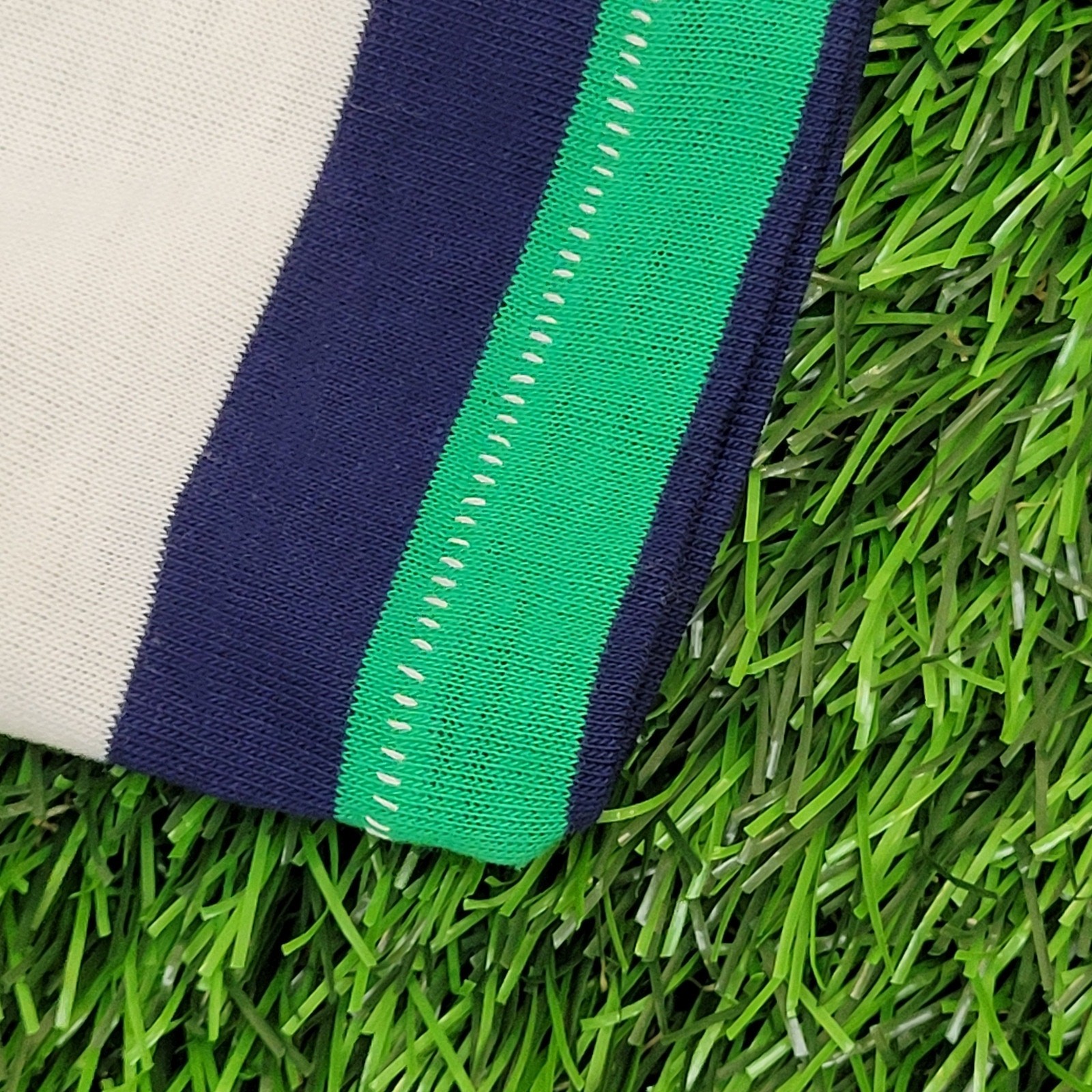 Vintage 90s MOD Polo Shirt Large 21×26 Green White Blue Stripes