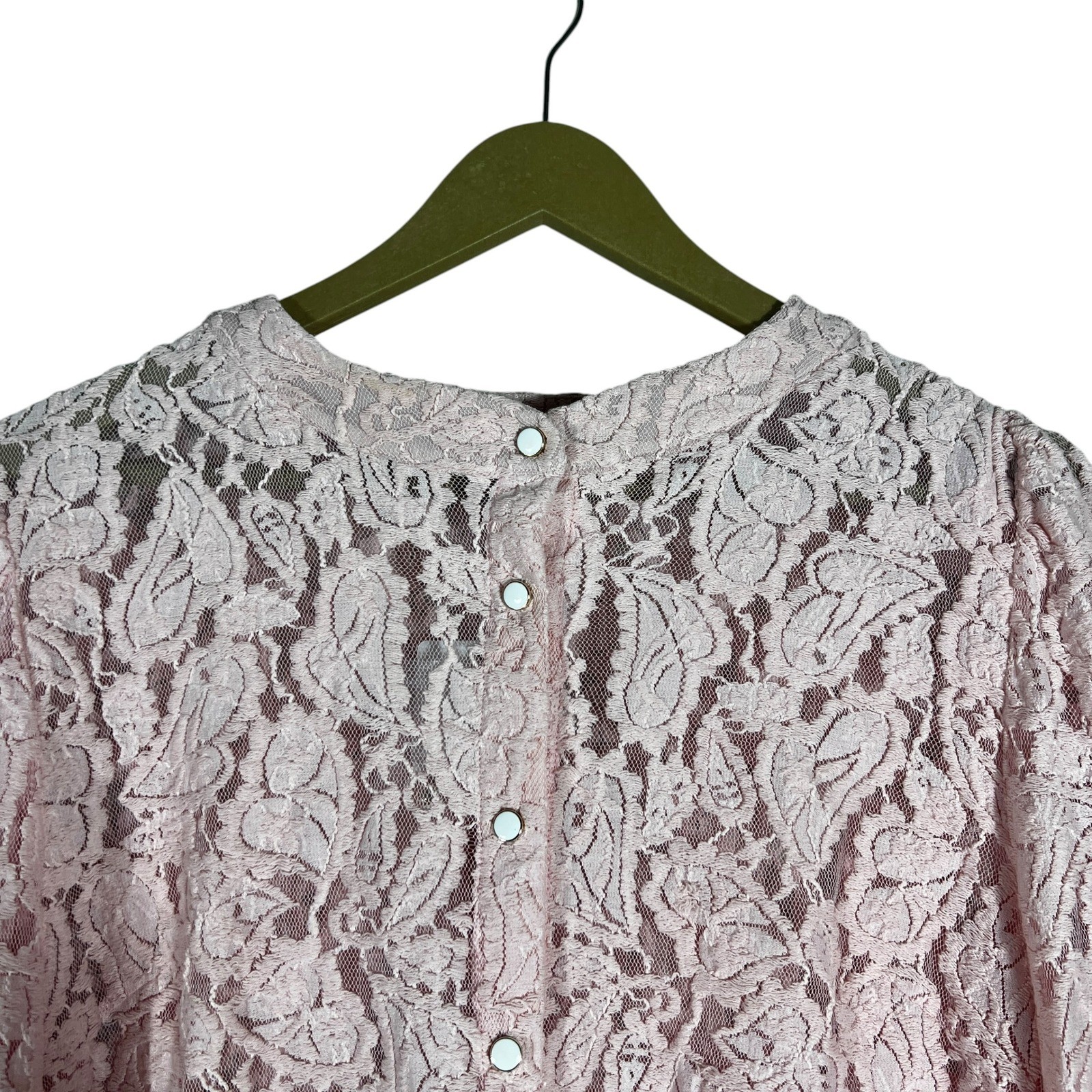 NWT PrettyGarden Floral Lace Button Front Blouse Pink Romantic Ruffle Size L
