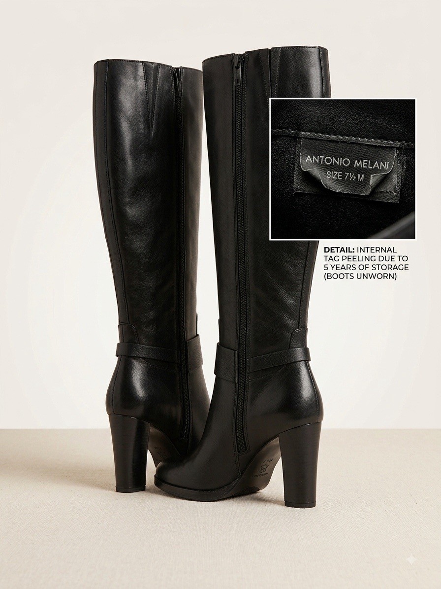 Antonio Melani Black Leather Knee High Zip Boots Buckle Accent Womens 7.5M
