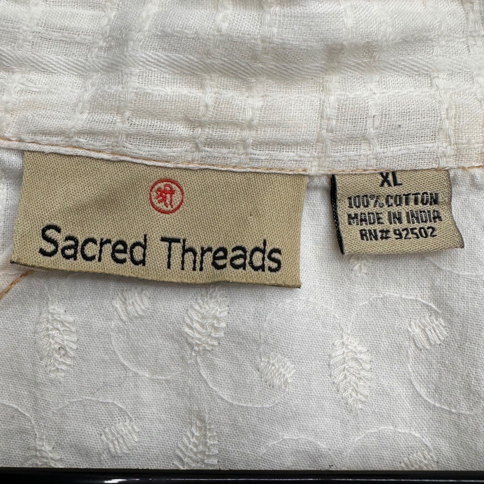 Sacred Threads Womens XL Patchwork Cotton Boho Summer Blouse Cream Tan Eyelet