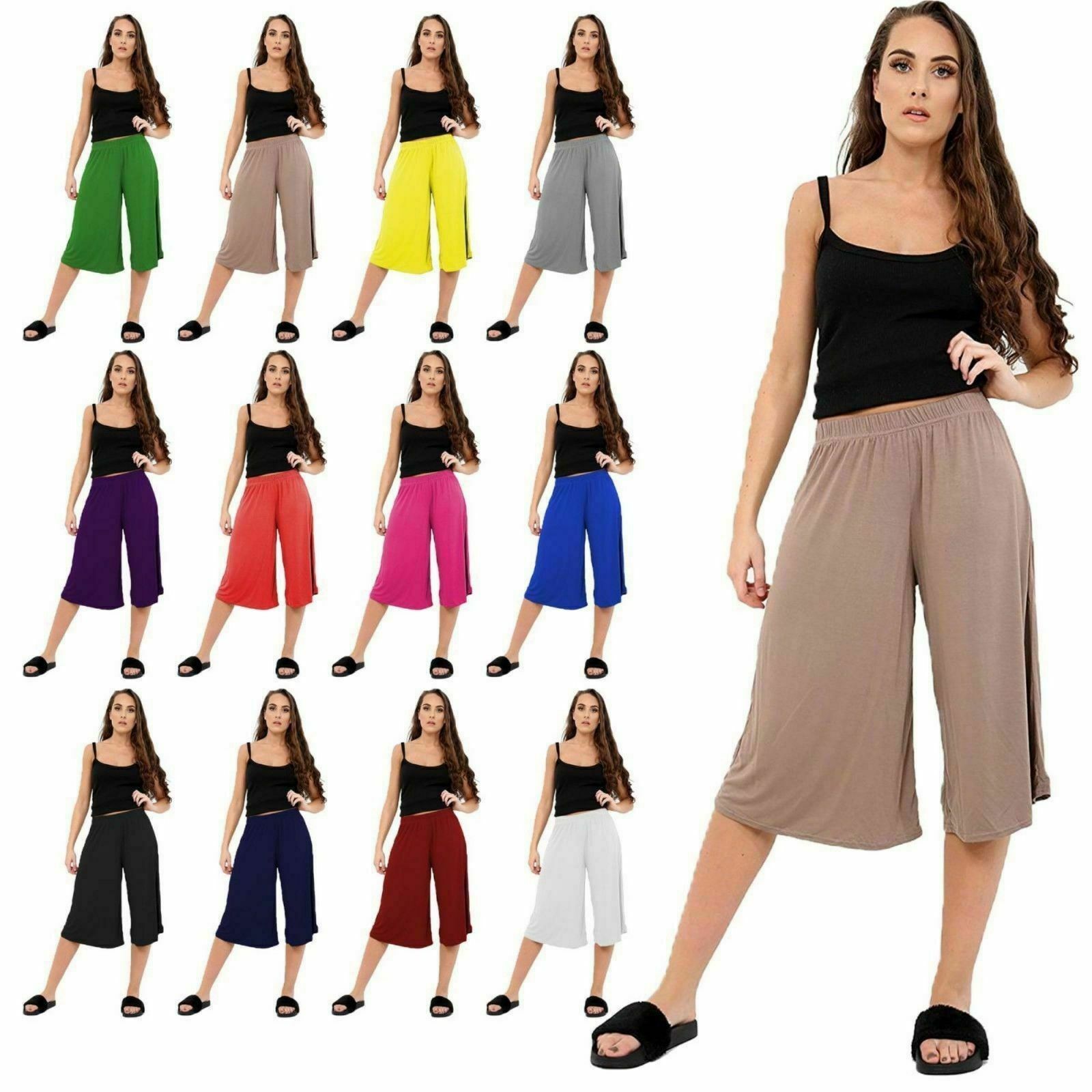 Ladies Women’s Elasticated Stretch Wide Leg Culottes 3/4th Length Plus Size 8-26