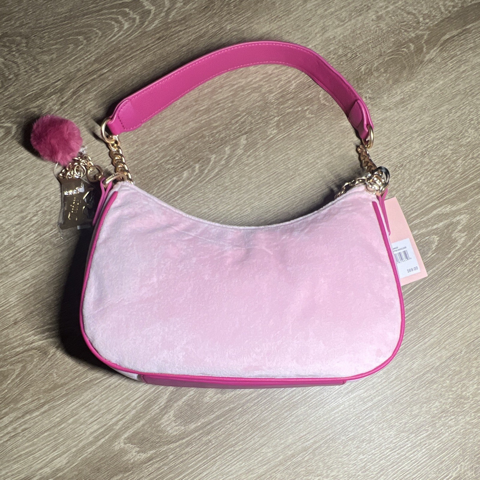 Juicy Couture Small Pink Shoulder Bag Embroidered Logo Gold Chain Zip Charm