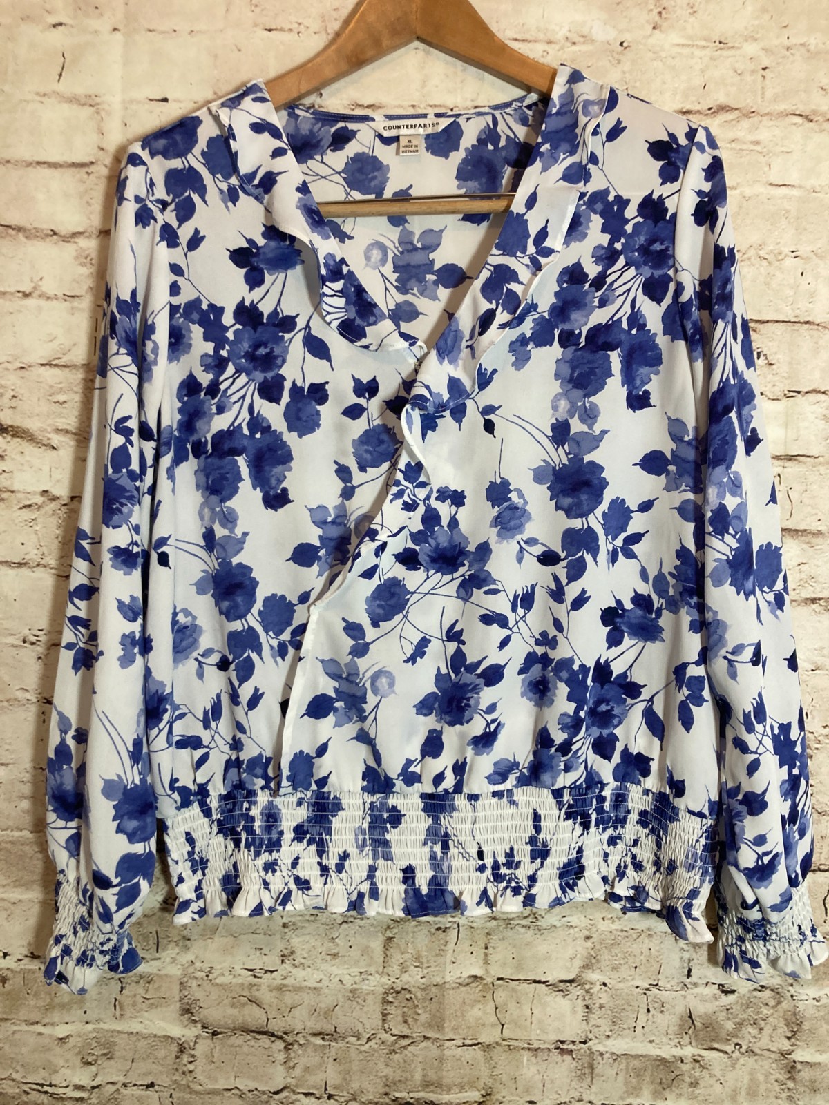 Counterparts Top Womens XL Cobalt Blue Watercolor Floral Boho Hippie Ruffle Neck