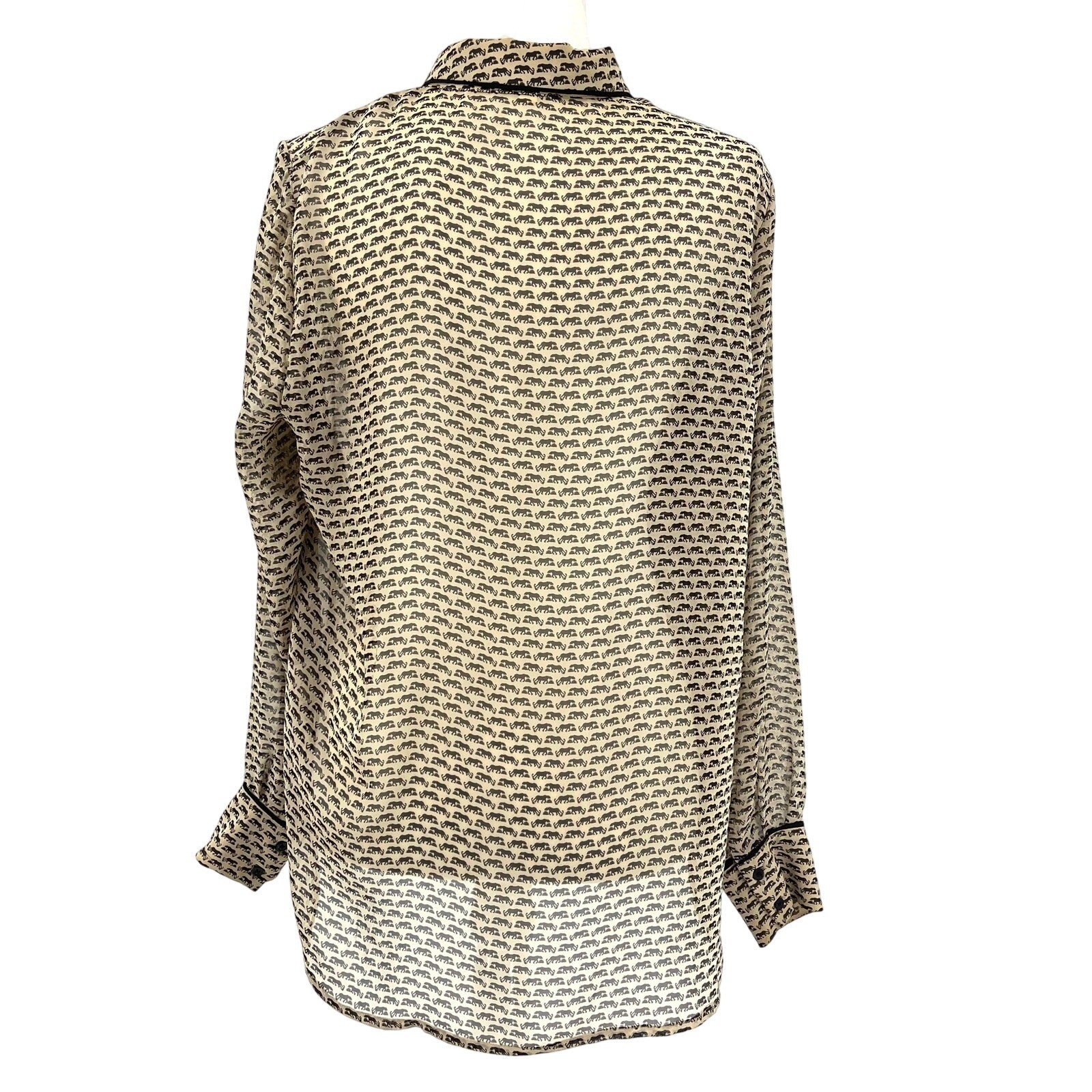 Pleione Beige Elephant Print Collared Button Front Sheer Chiffon Blouse Size L
