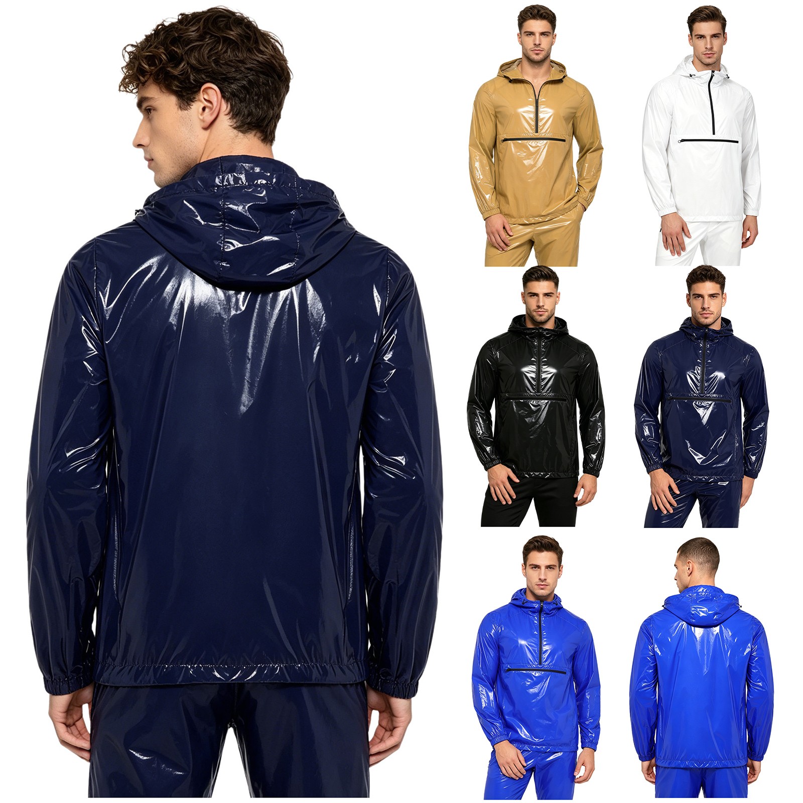 Men’s Raincoat Windproof Hooded Sweatshirt Waterproof Jacket Glossy Windbreaker