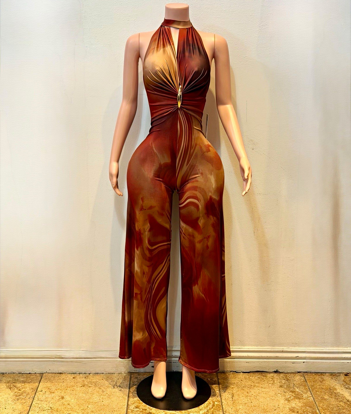 Women’s Brown Beige Abstract Halter Backless Wide-Leg Jumpsuit One-Piece Size S