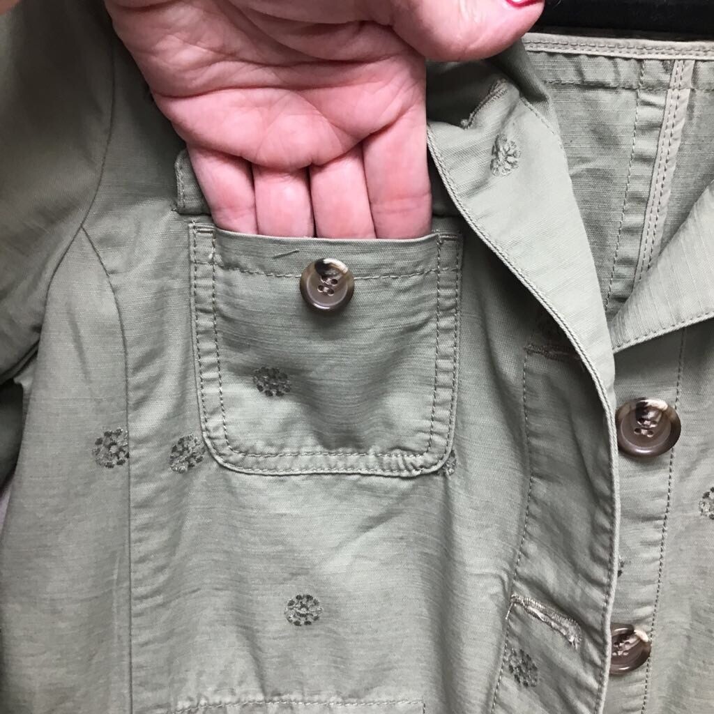 Talbots Womens Safari Jacket Green Floral Embroidered Pockets Cotton Petites SP