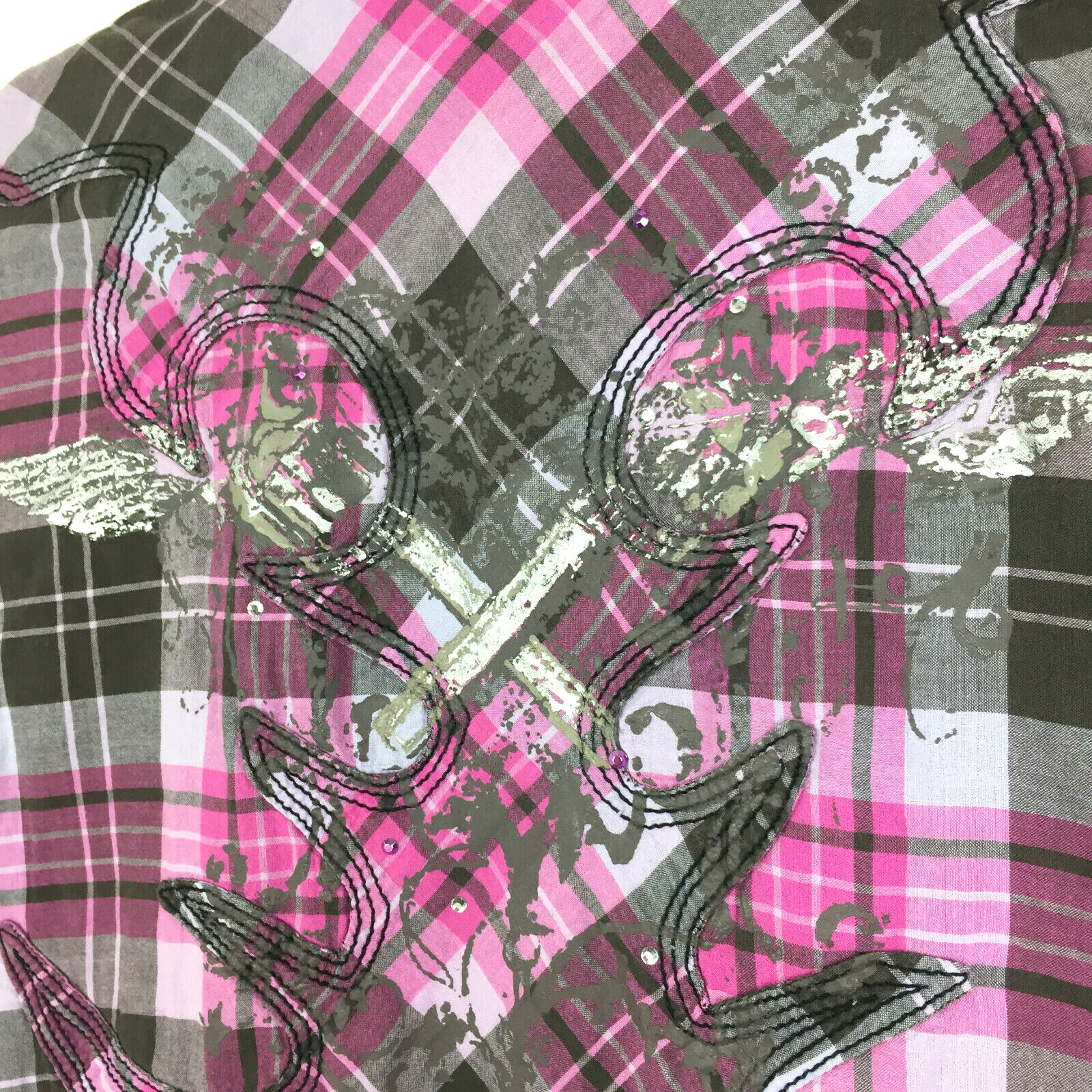 Wrangler Rock 47 Womens Medium M Purple Rhinestone Pearl Snap Western Shirt 38″