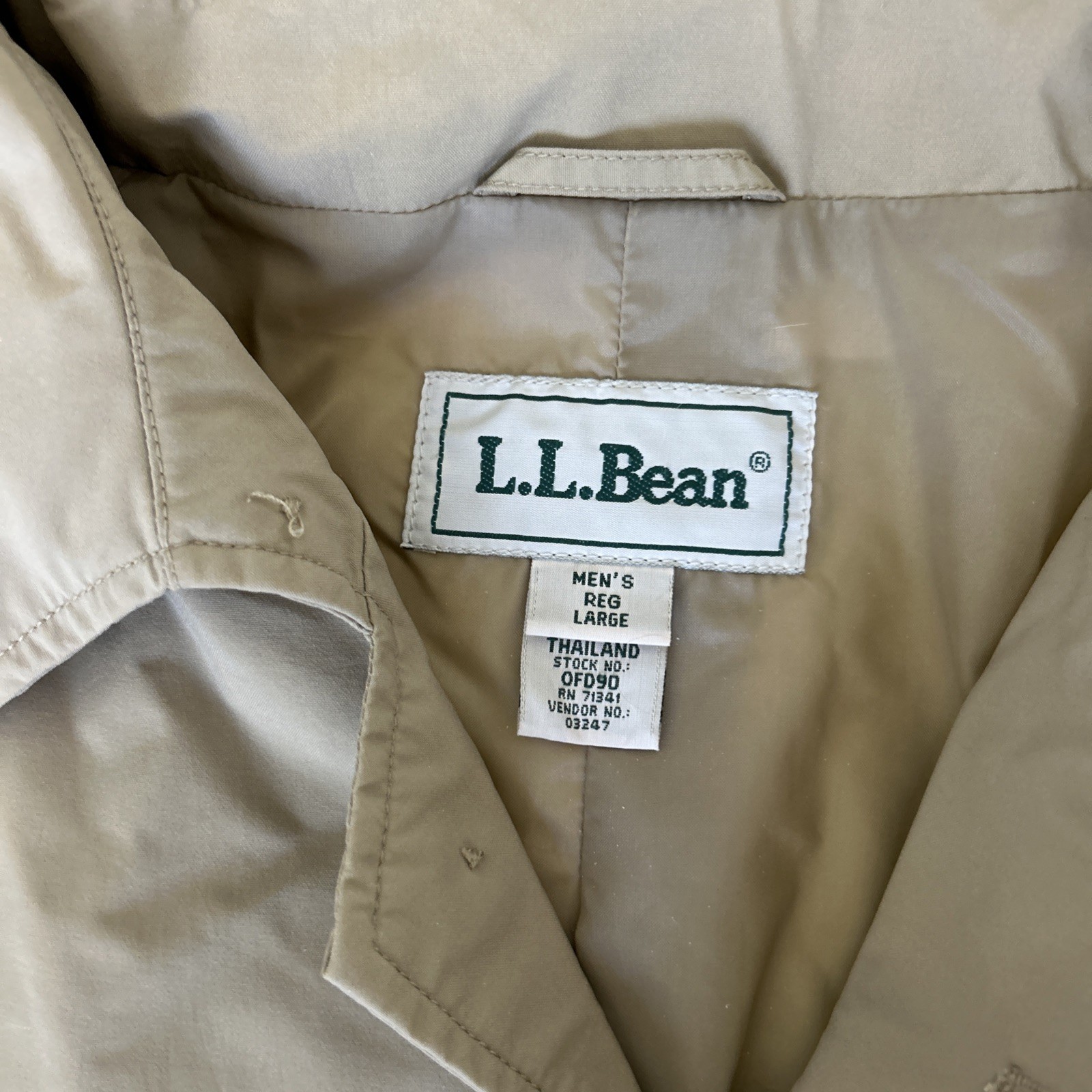 Vintage LL Bean Trench Rain Coat Mens Large Khaki Long Chin Strap Made USA 80s