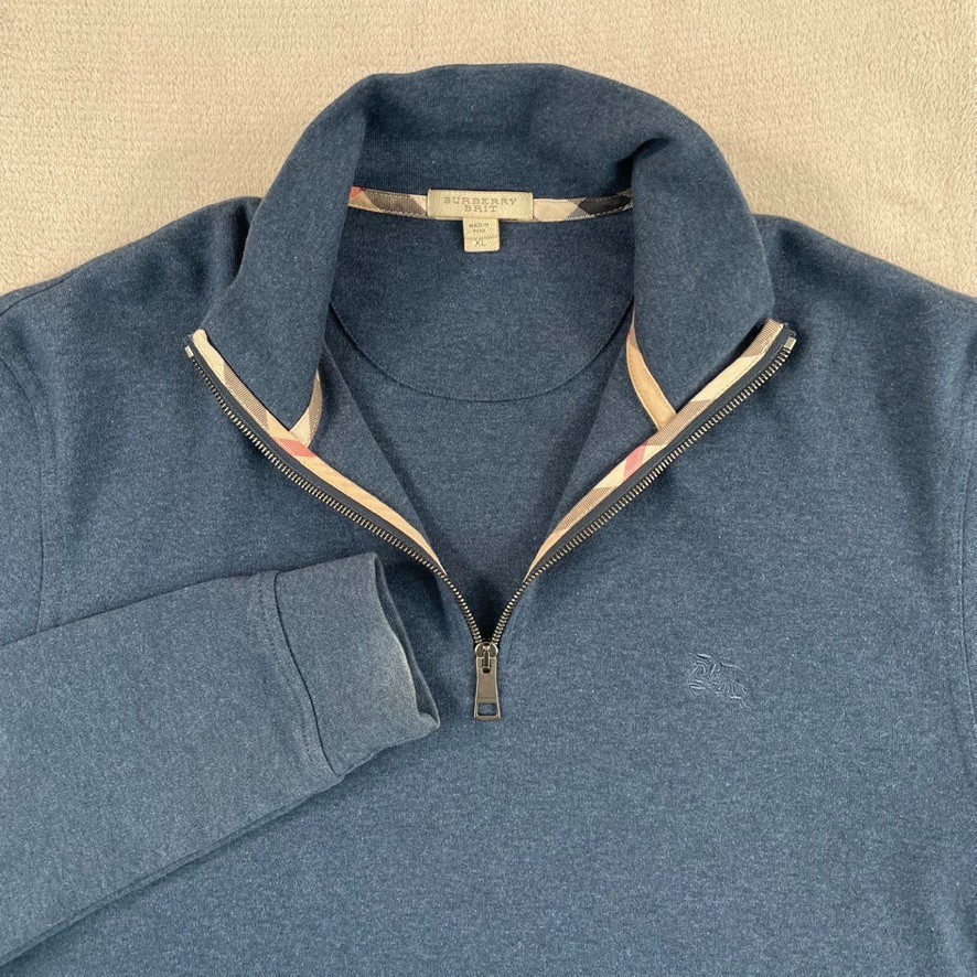Burberry Brit Nova Check 1/4 Zip Sweater Men XL Heather Blue Embroidered Logo