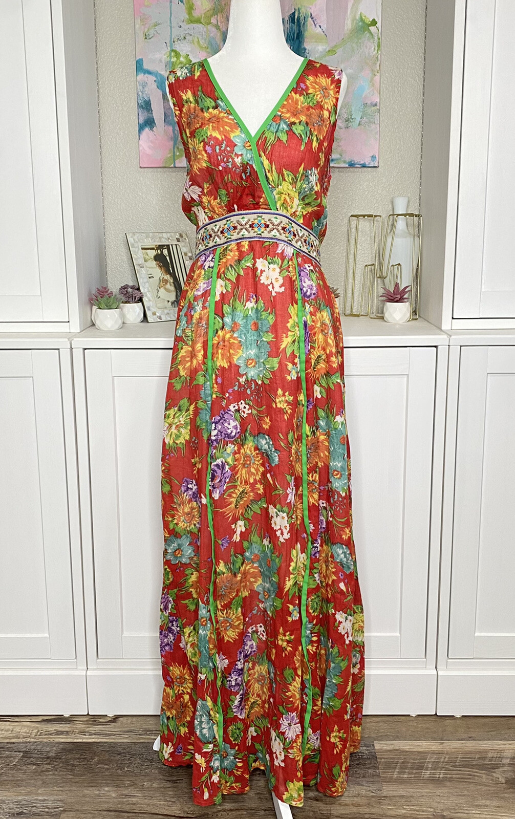 1970s Maxi Dress Cotton Gauze Vintage Festival Small Grecian Cut