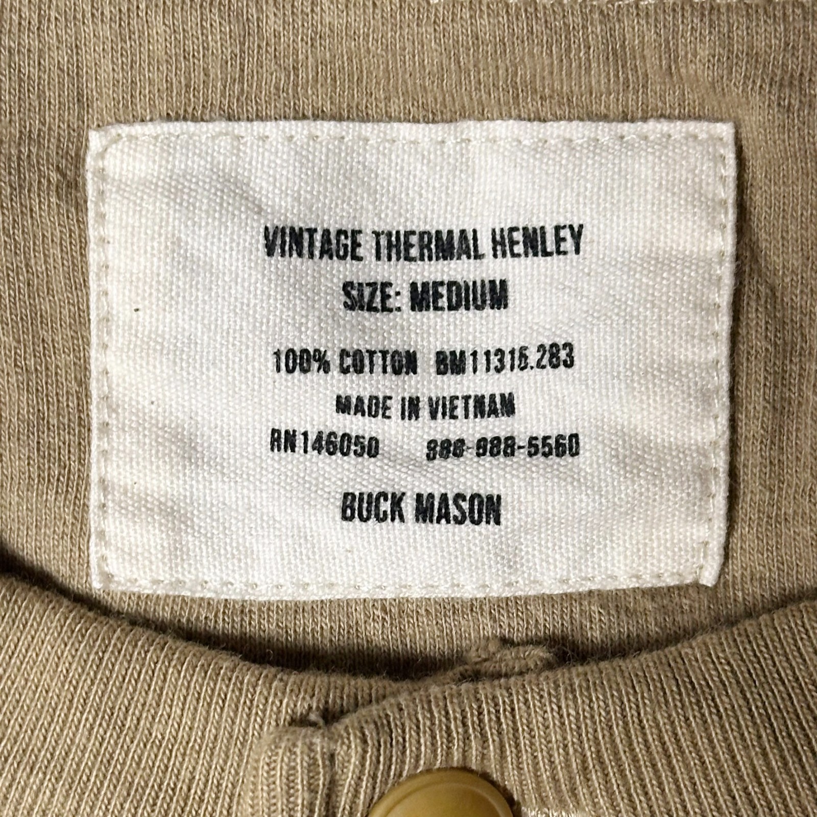 Buck Mason Vintage Thermal Henley Mens Size M Sandstone Waffle Knit NWT
