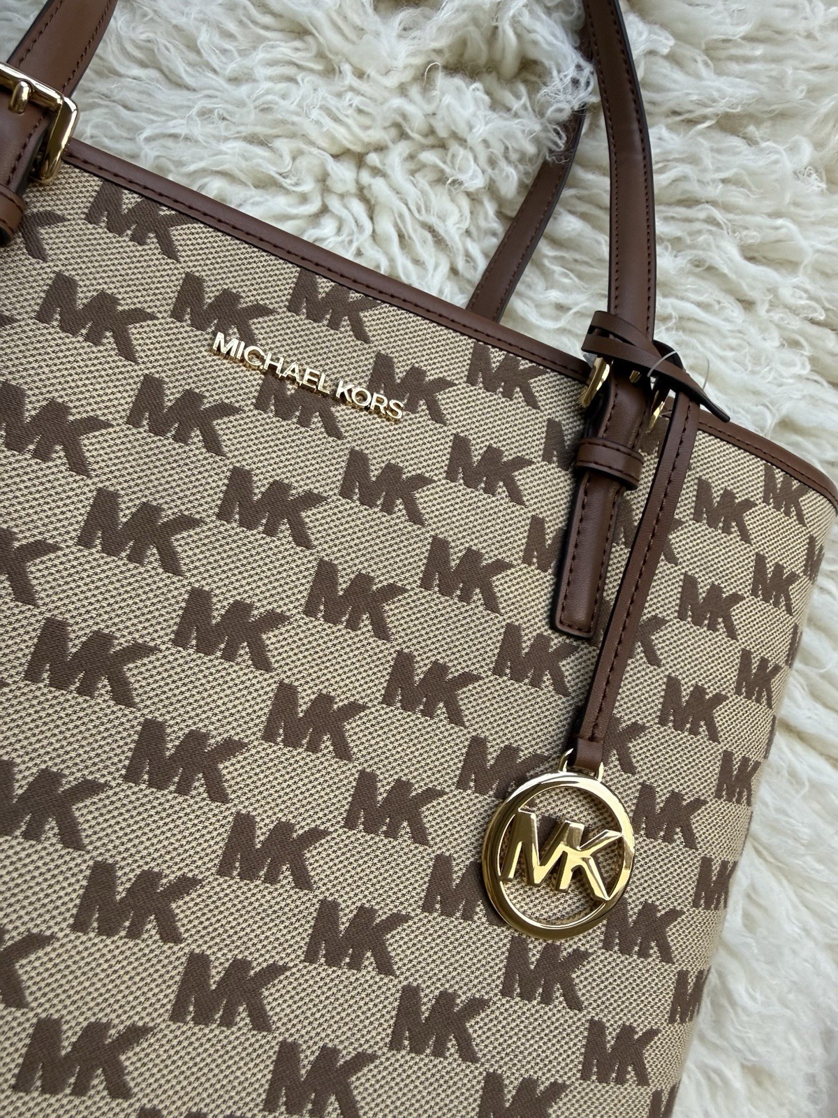 Michael Kors Jet Set Medium Carryall Tote Beige Ebony MK Logo NWT MSRP $298