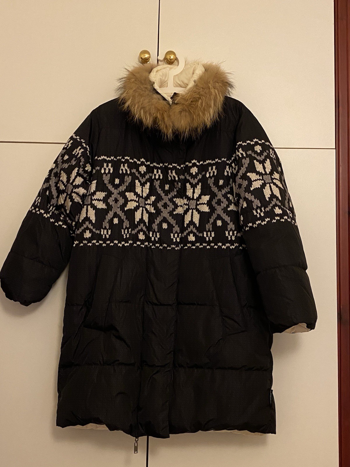 Weekend Max Mara L reversible Long Down Puffer Coat Hooded Fur Trim rare