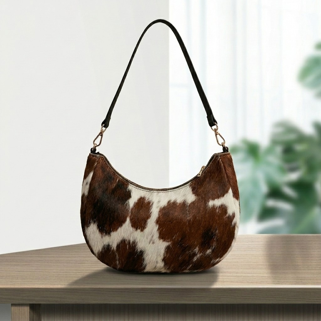 Genuine Cowhide Leather Tote Bag Hair-On Brown White Shoulder Handbag Western
