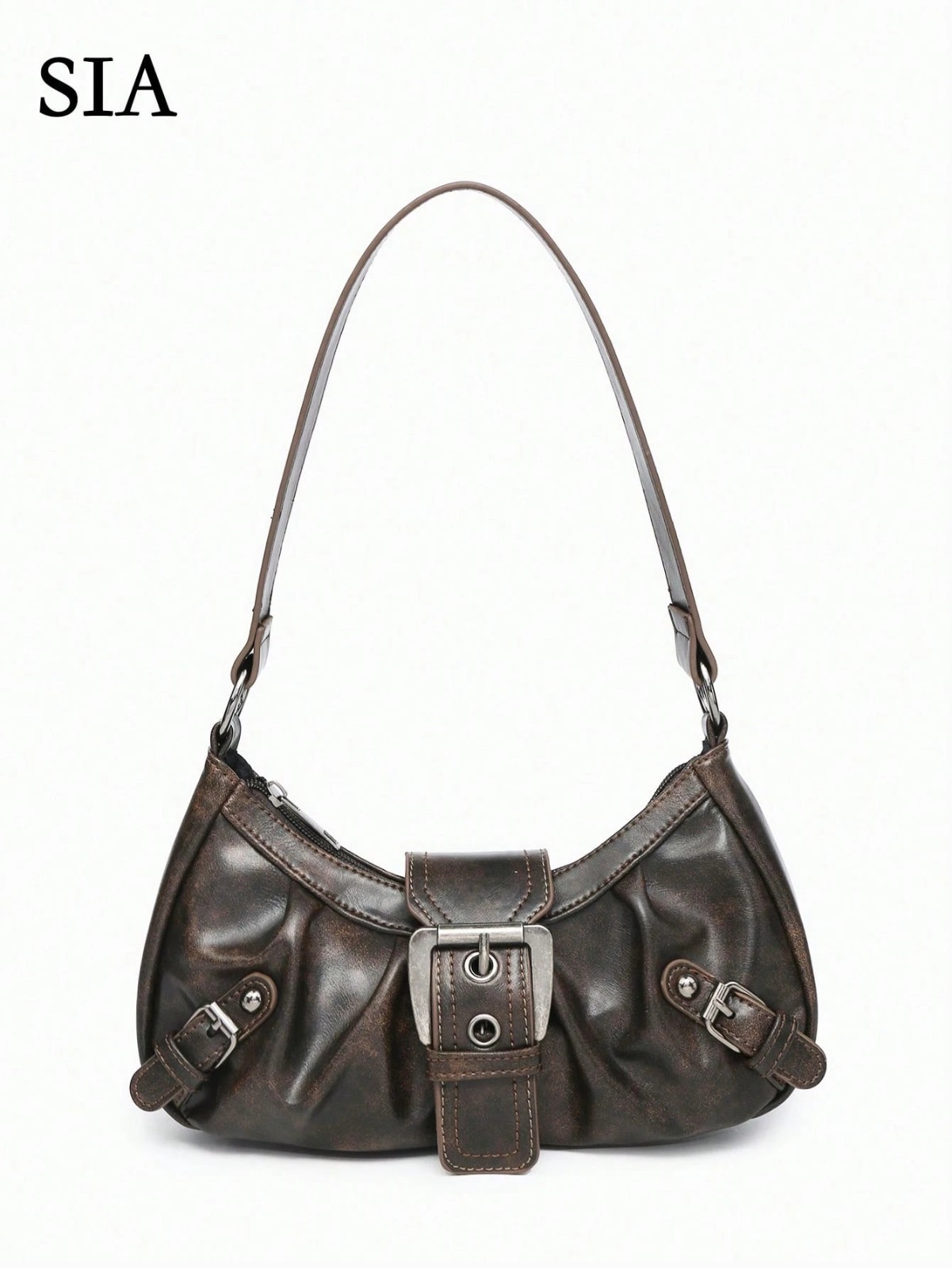 Vintage Burgundy Studded Faux Leather Motorcycle Shoulder Baguette Bag