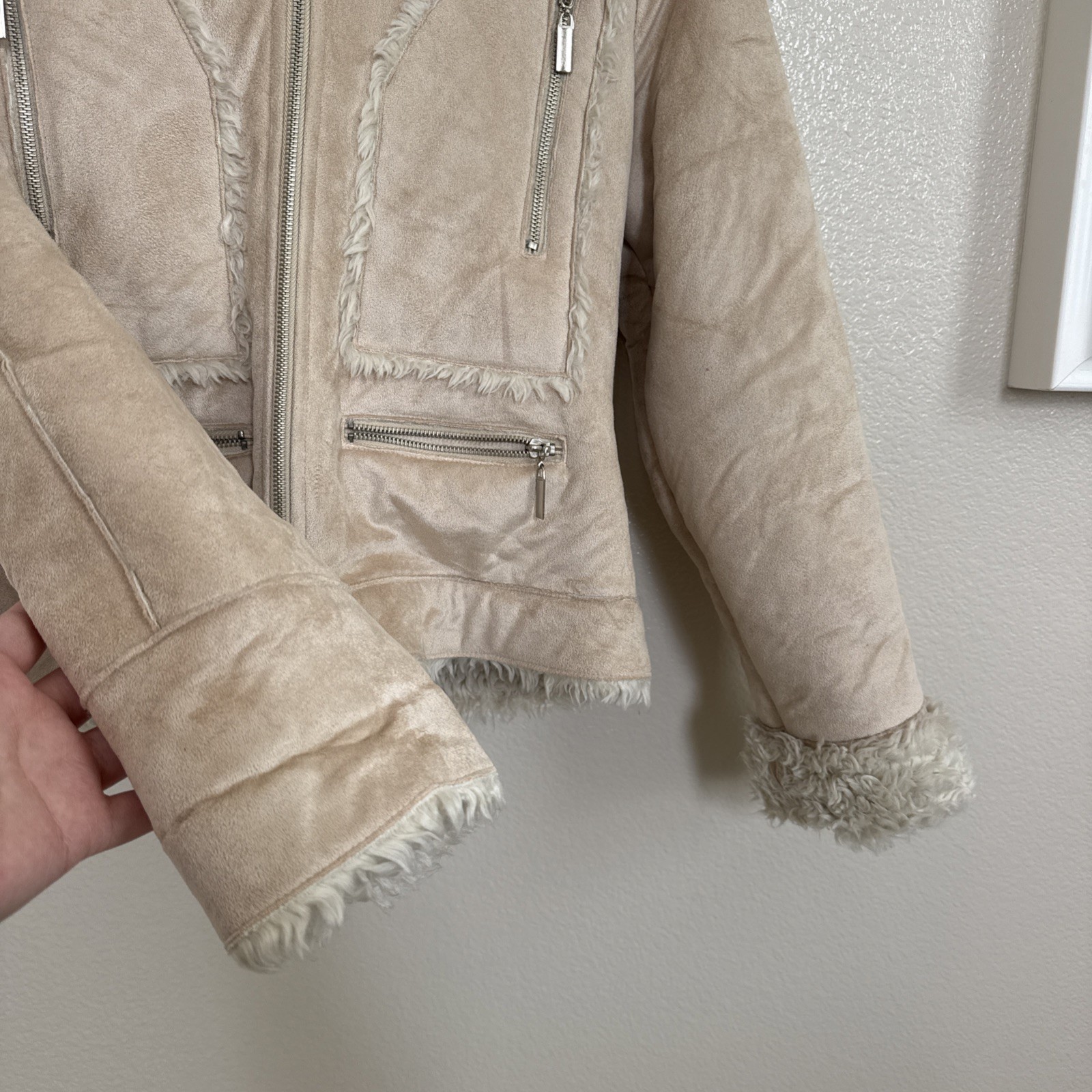 Wilson’s Leather Faux Fur & Suede Penny Lane Style Jacket Removable Hood Beige S