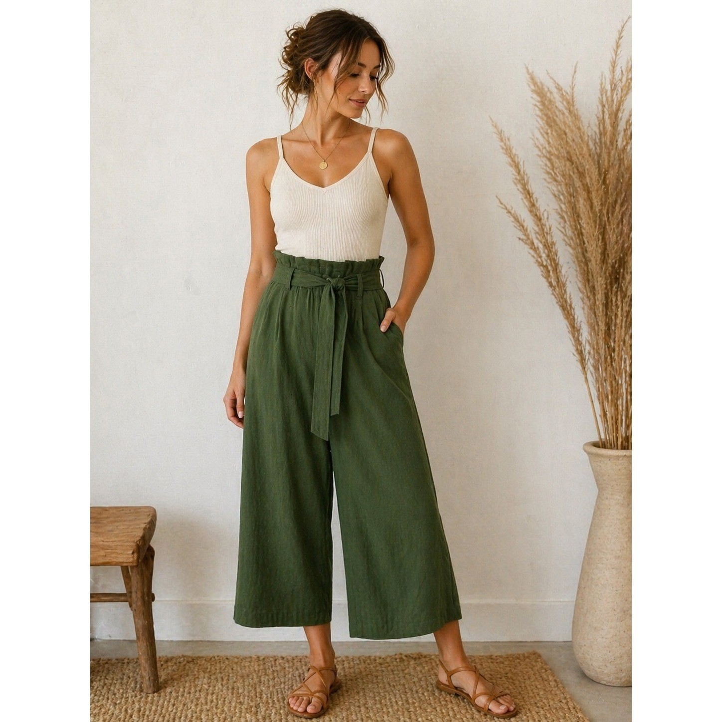 Olive Green Wide Leg Pants High Waist Tie Waist Hemp Boho Minimalist S