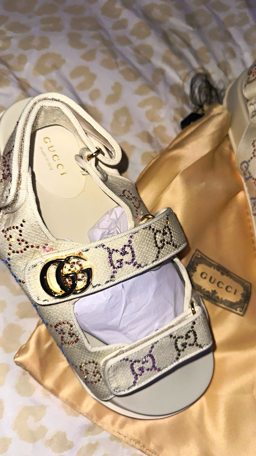 Gucci Women’s White Logo Strappy Sandals Leather Hook & Loop Adjustable 10