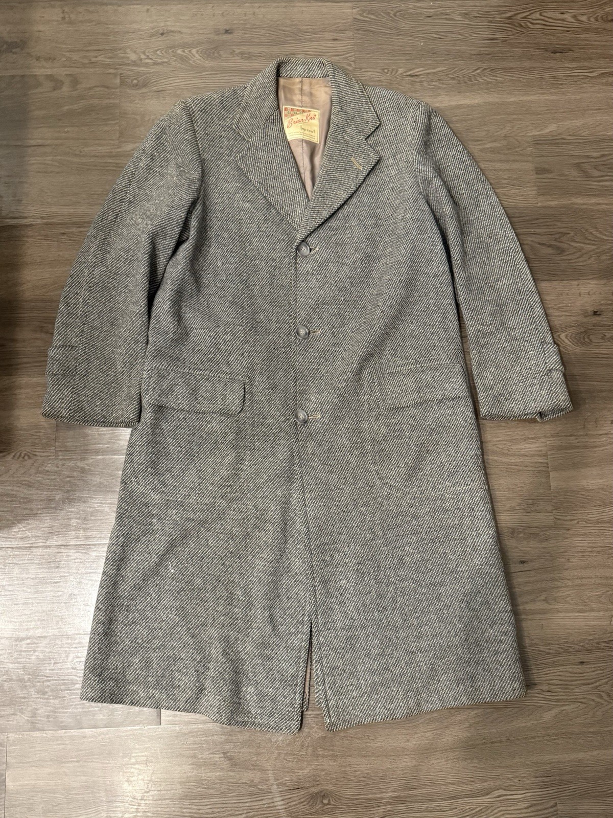 VTG 50s Briar Knit Wool Knitted Fabric Gray Tweed Overcoat Around Medium