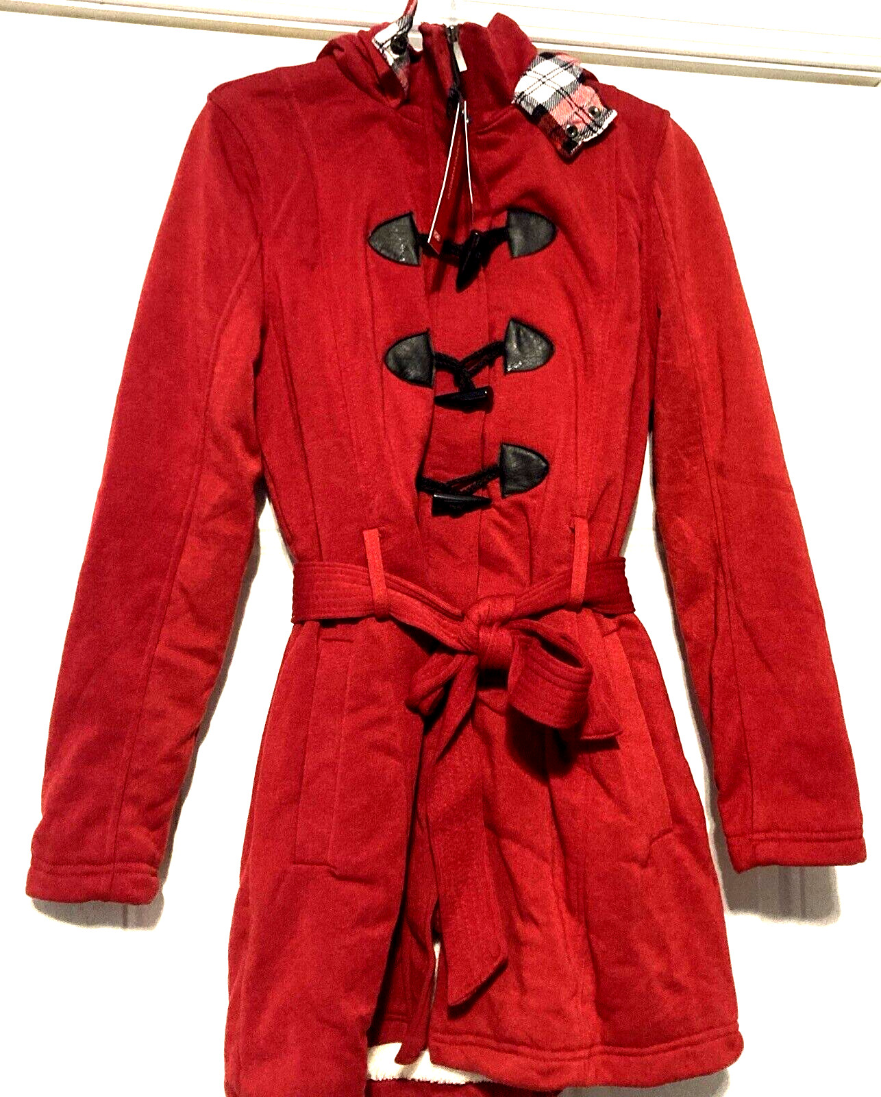 New Yoki Womens Large Jacket Sherpa Lined Hooded Belted Toggle Zip Fleece Red