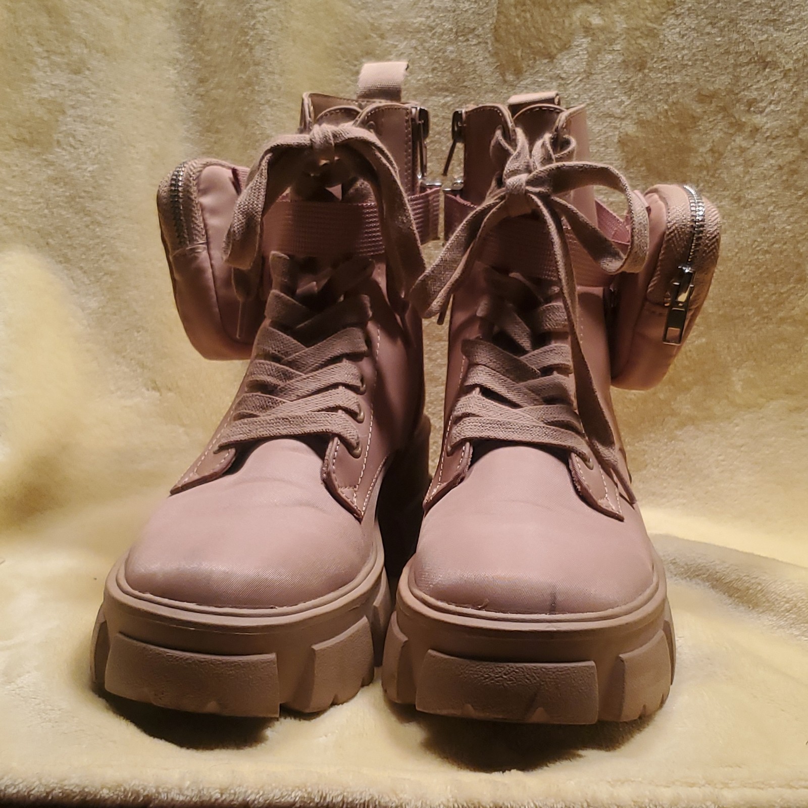 Steve Madden Thunder Women’s Beige Mid-Calf Combat Boots US 7 Pouch Lug Sole