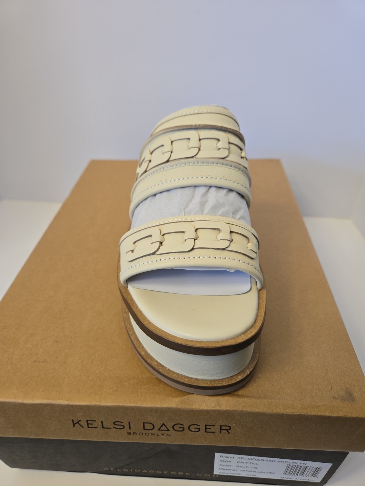 Kelsi Dagger Brooklyn Drift Salt Platform Sandals White Leather Chain Detail 7.5