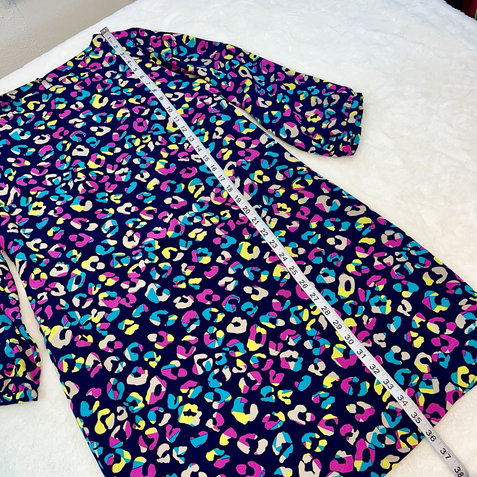 Britt Ryan Shift Dress Sz L Navy Leopard Multicolor 3/4 Slv 100% Silk Made In US