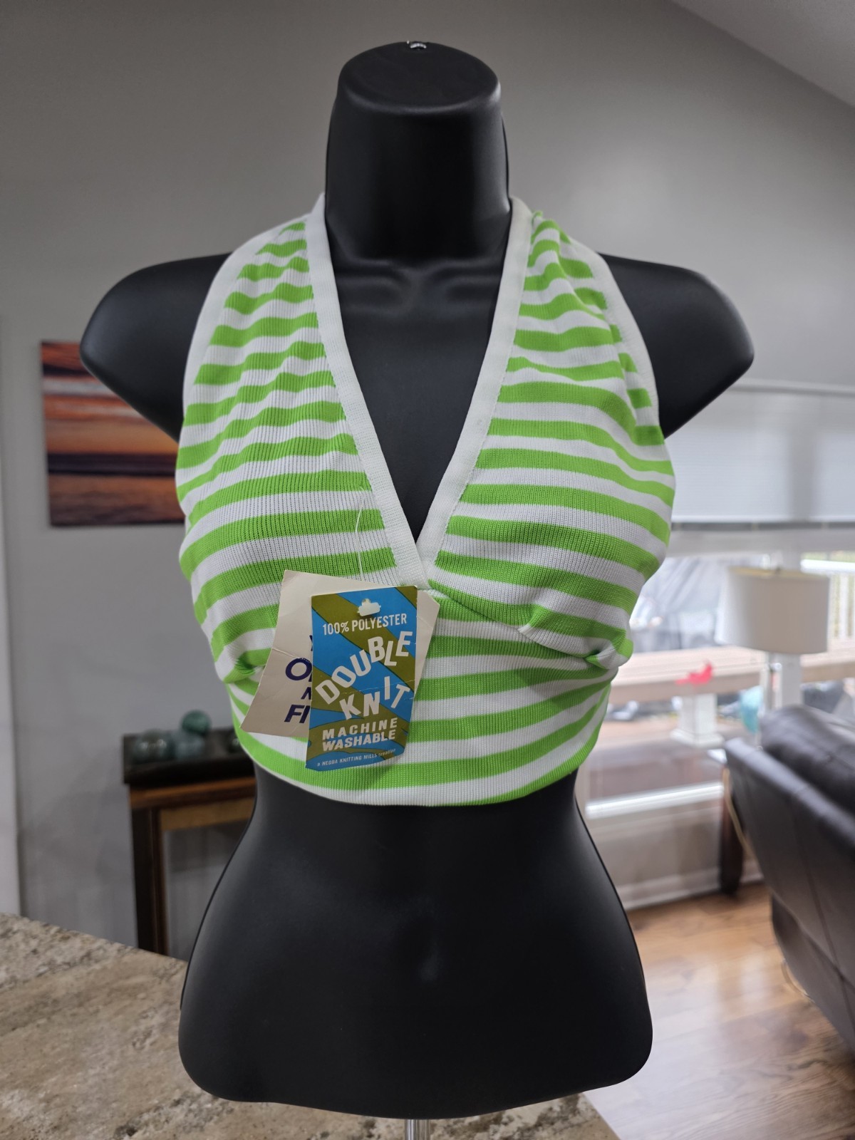 NOS Vtg 1970s Halter Top Double Knit Deadstock One Size Fits All Blue / White