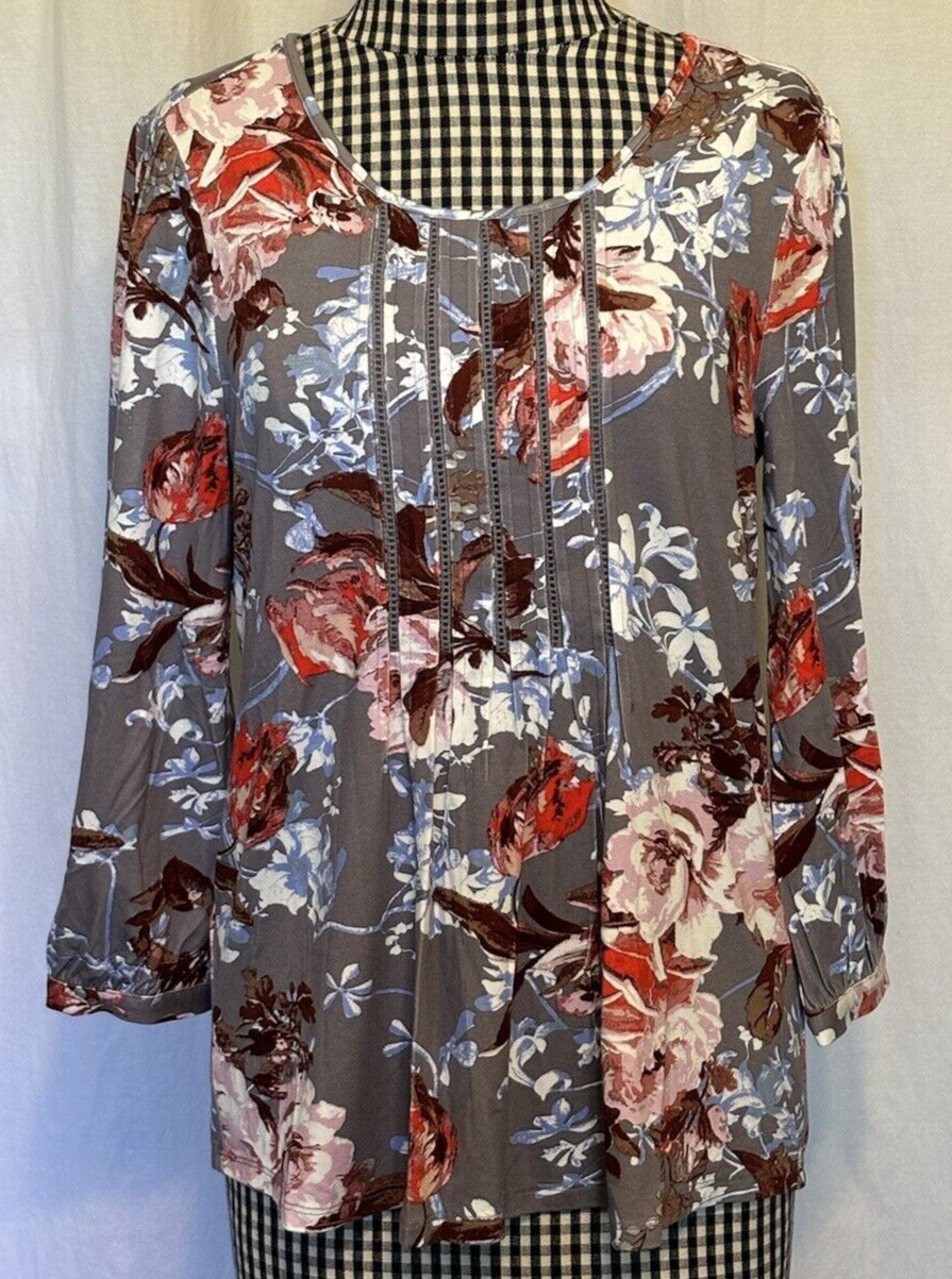NEW Anthropologie Daniel Rainn Size Small Gray Floral Tunic 3/4 Sleeve Blouse