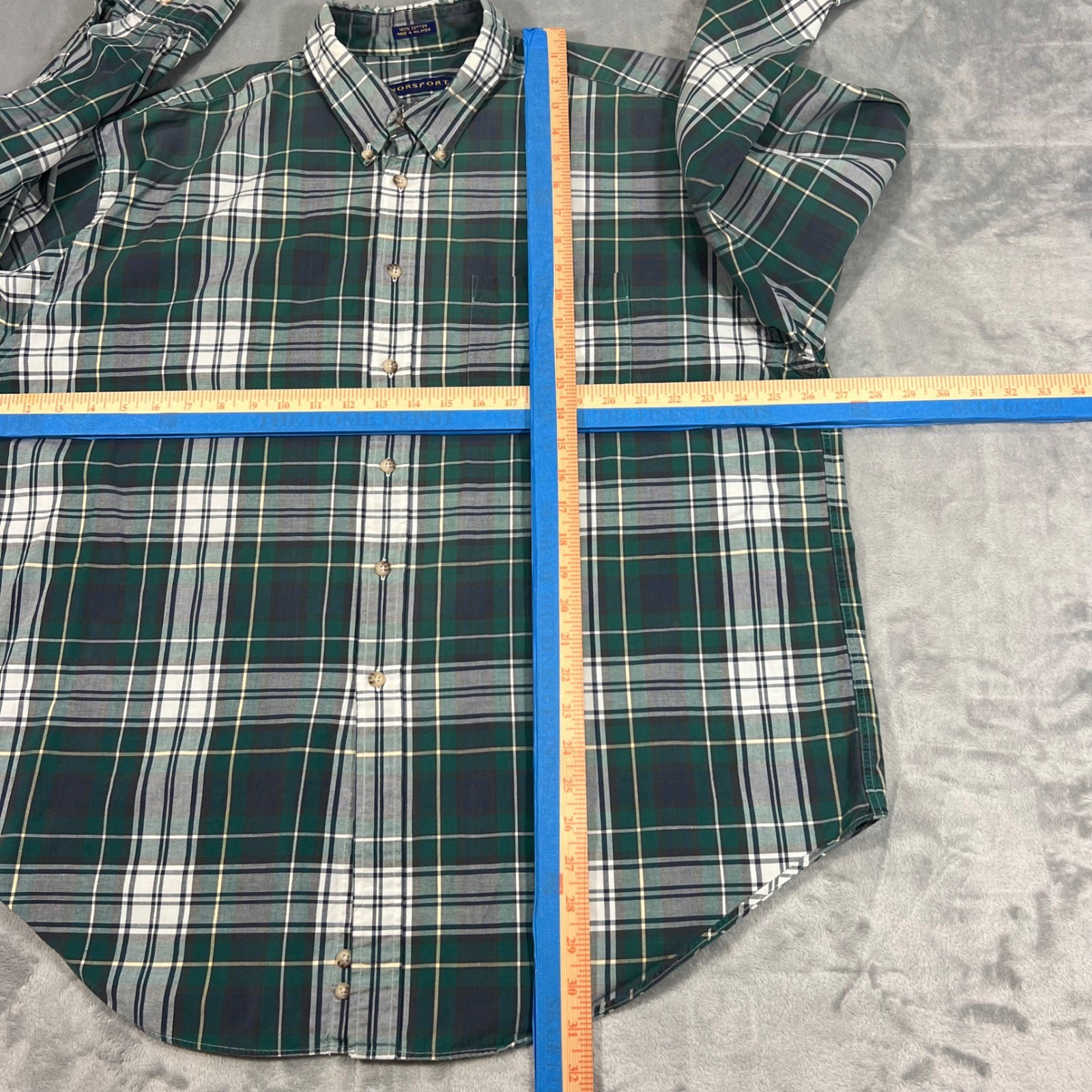 NORSPORT Vintage Mens Button Down Shirt XL Green White Plaid LS 100% Cotton Y2K