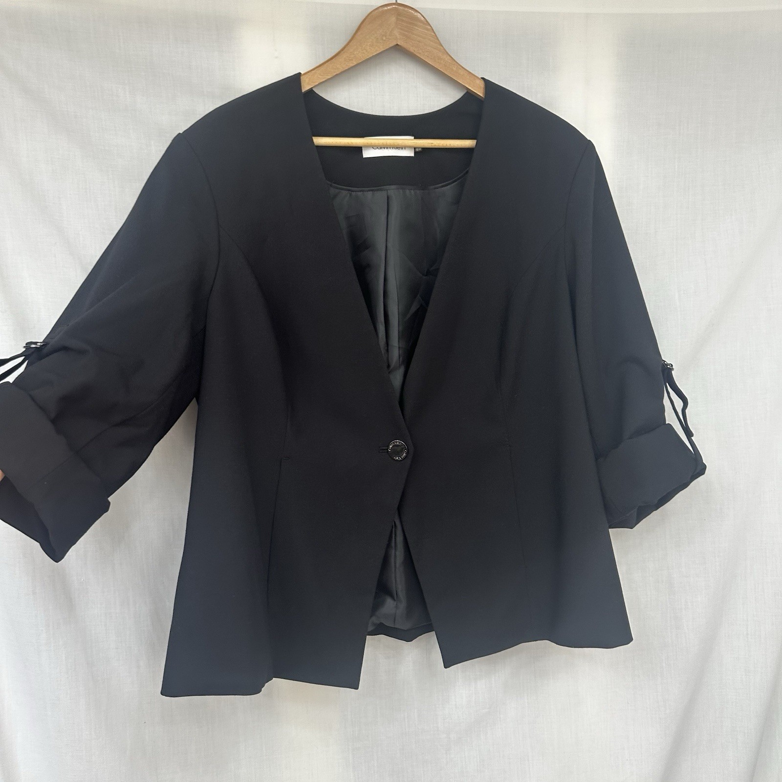 Calvin Klein Women’s 18 W Black Collarless 3/4 Sleeve Suit Jacket One Button