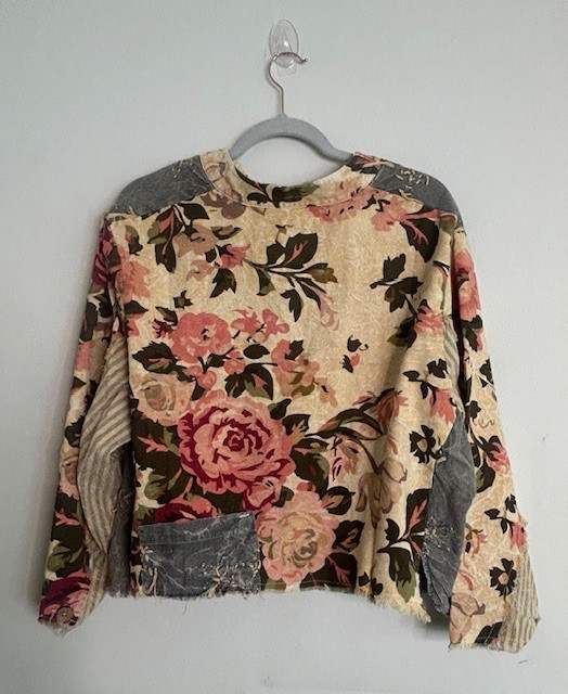 #1396 A Rare Bird Chambray Knotted Floral Mixed Shabby Chic Shirt/Jacket NWT