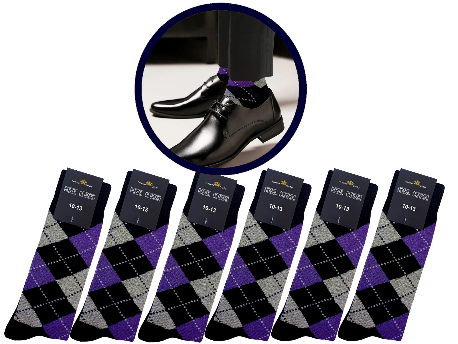 1-3-6-12 PAIR DRESS SOCKS BLACK PURPLE BLACK DIAMOND ARGYLE COTTON SOCKS 10-13