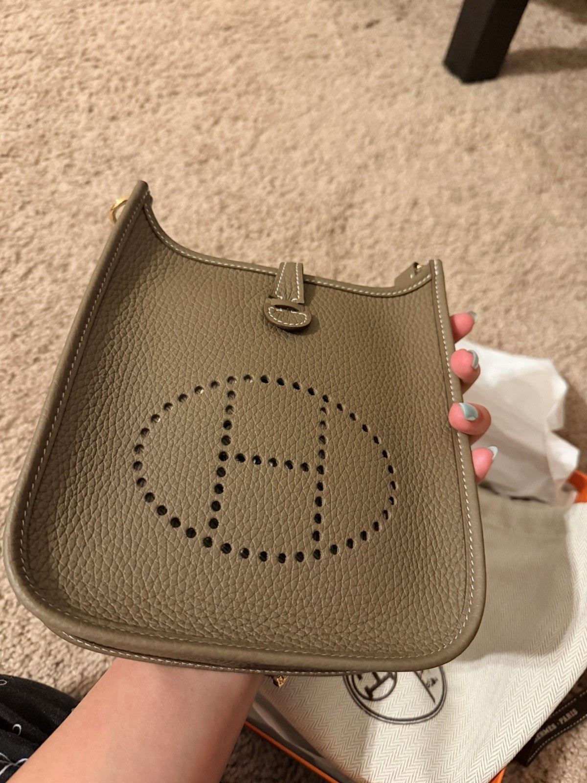 Hermès Evelyne TPM Mini Taupe Crossbody Bag Navy Strap Dust Bag Box