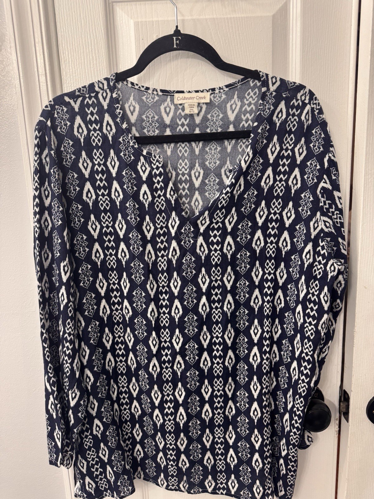 Coldwater Creek Navy Long Sleeve Tunic White Design Side Slit V-Neck Size MP