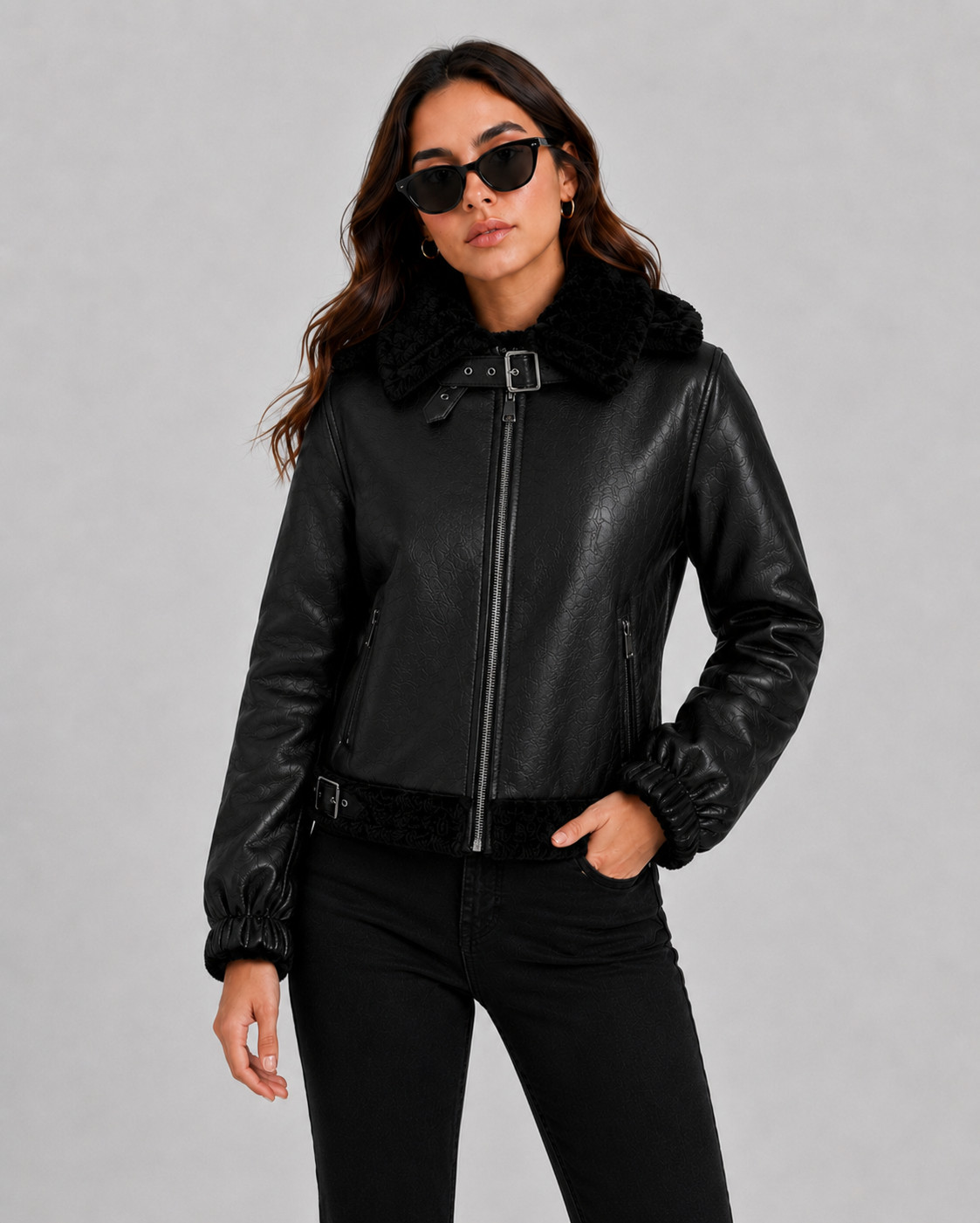 Women’s Black Faux Shearling Leather Jacket – Aviator Biker Winter Coat