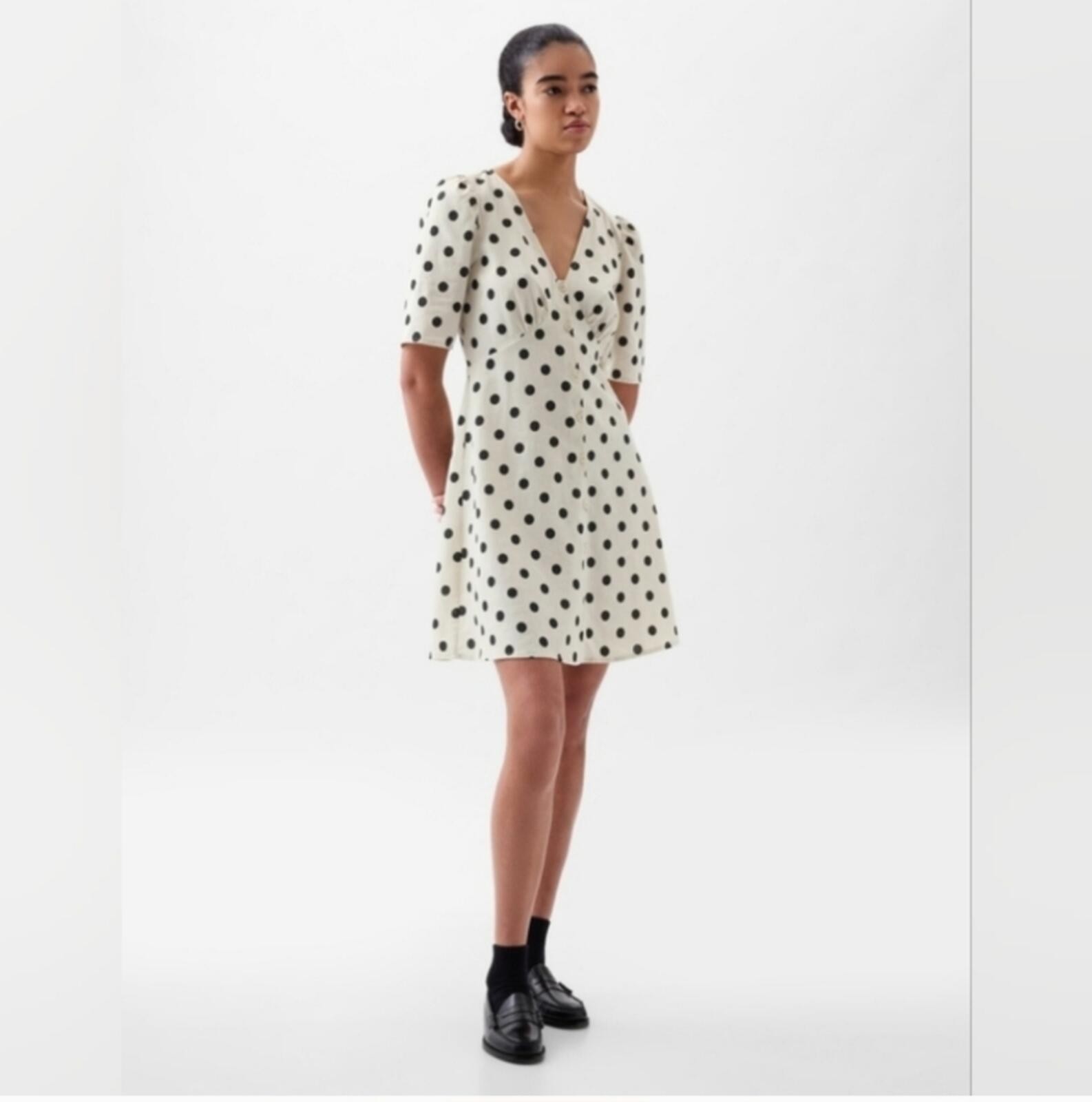 NWT Gap Linen-Blend Button Mini Dress Polka Dot white black MEDIUM sundress