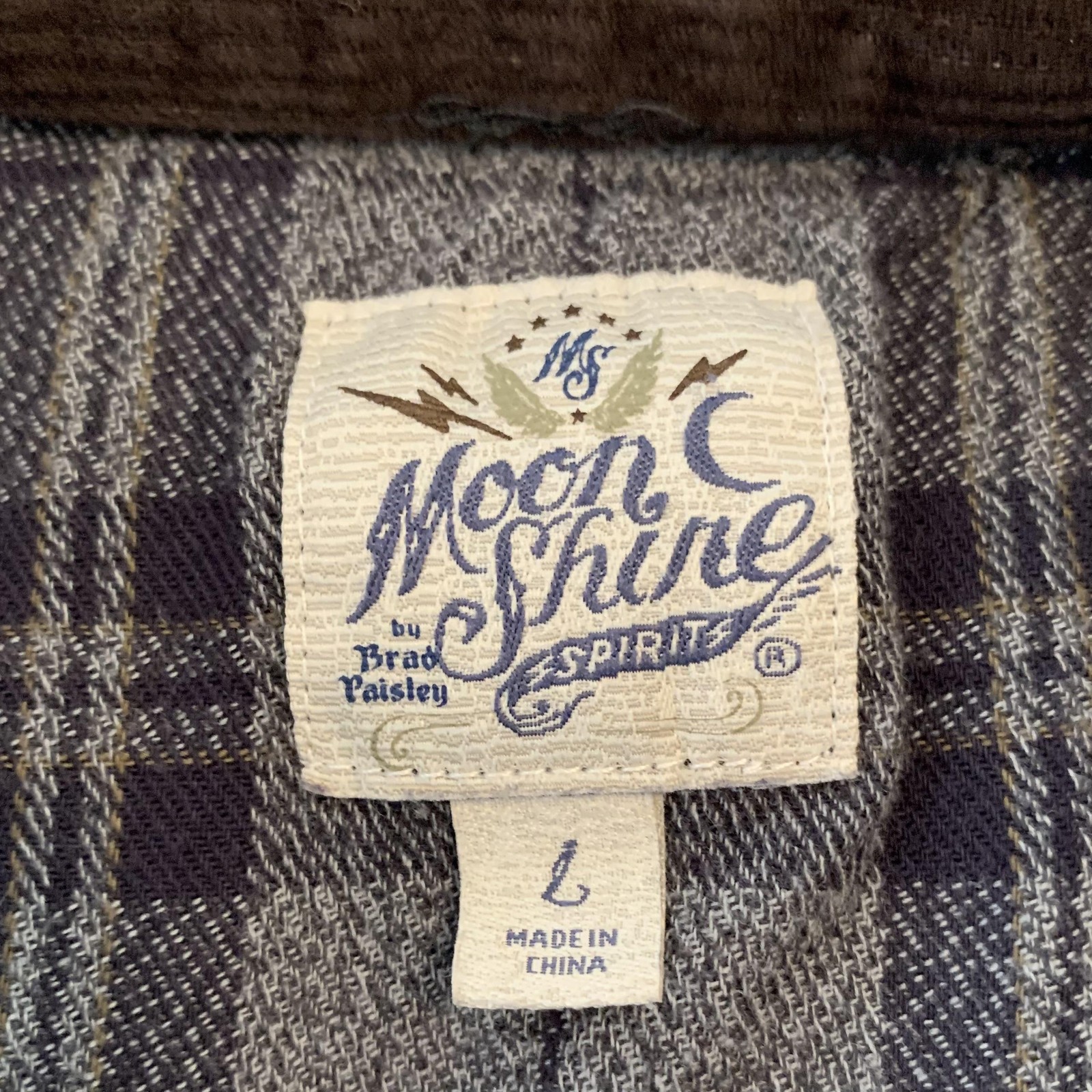 Moon Shine Spirits Shirt Mens Large Gray Plaid Western Pearl Snap Long Sleeve