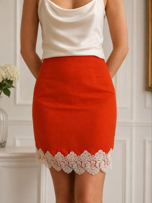 Vibrant Orange Linen Pencil Skirt with Delicate White Floral Lace Hem