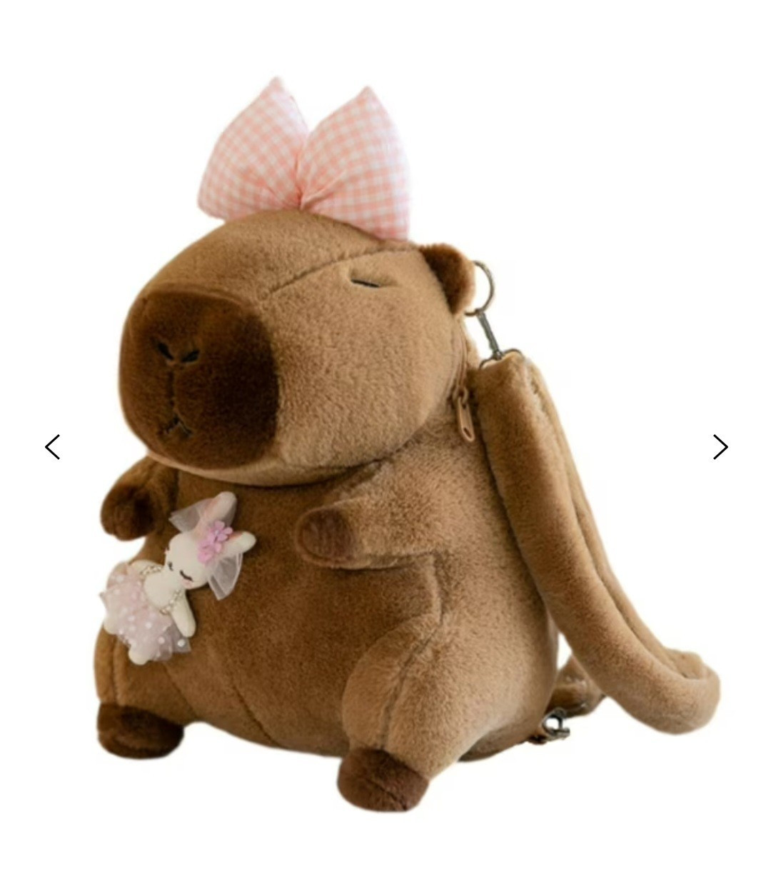 Plush Capybara Mini Backpack Brown Pink Gingham Bow Zip Adjustable Strap