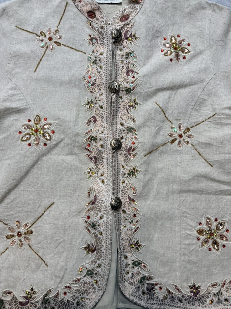 FLASHBACK COUTURE Womens Embroidered Beaded Jacket Beige Multicolor Mandarin