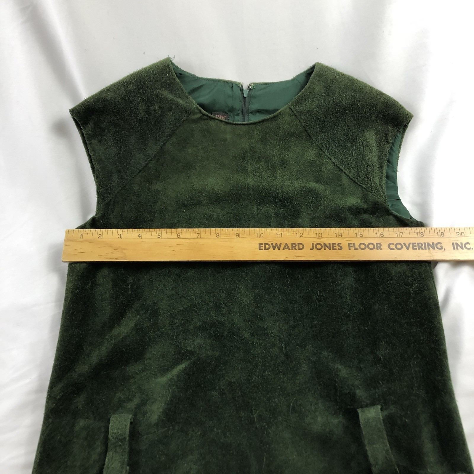 Anne Klein Vintage Green Suede Leather Mod Shift Dress Size 12 60s 70s Pockets